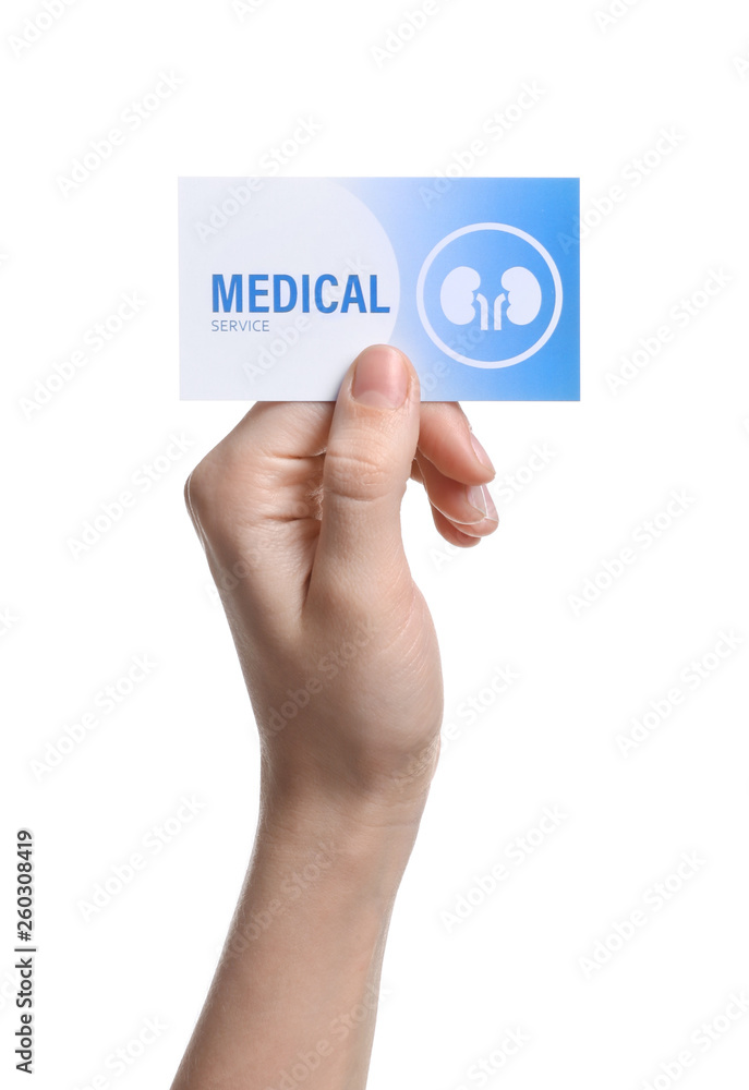Woman holding medical business card isolated on white, closeup. Nephrology service Woman holding medical business card isolated on white, closeup. Nephrology service