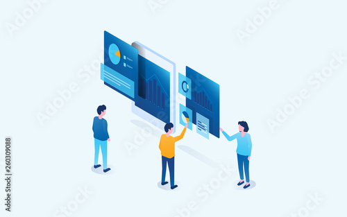 isometric business team people meeting analytics and research on dashboard chart  concept 