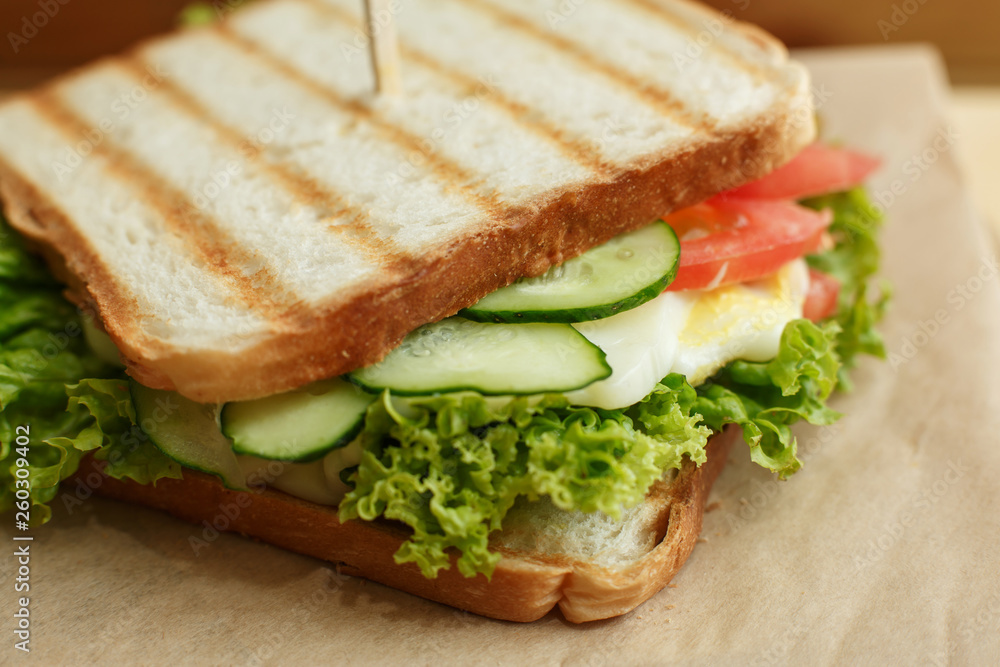 Closeup juicy sandwich with bacon, fresh vegetables, green salad and dark lines after grill Closeup juicy sandwich with bacon, fresh vegetables, green salad and dark lines after grill