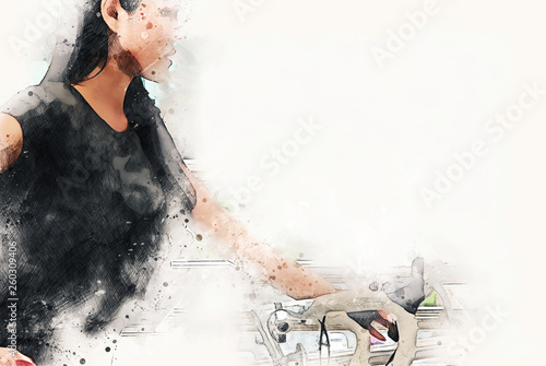Abstract beautiful woman sport on watercolor illustration painting background.