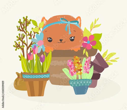 Cute cat in the pot with flowers over white, character, spring time card