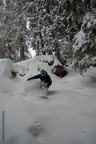 A snowboarder making a powder turn in deep snow on a forest meadow. Avoriaz, France