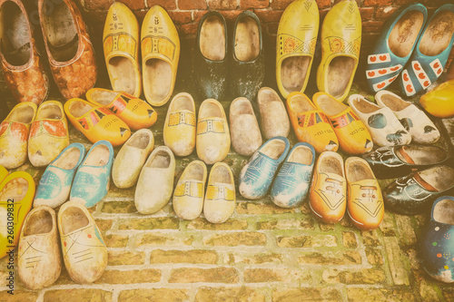 Colorful vintage Dutch wooden clogs