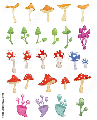 Set of Vector Cartoon Illustration.A Different Mushrooms for a Computer Game and you Design 
