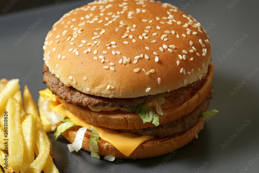 Close-up of a delicious fresh hamburger with lettuce, cheese and onions and fries on a dark background Close-up of a delicious fresh hamburger with lettuce, cheese and onions and fries on a dark background