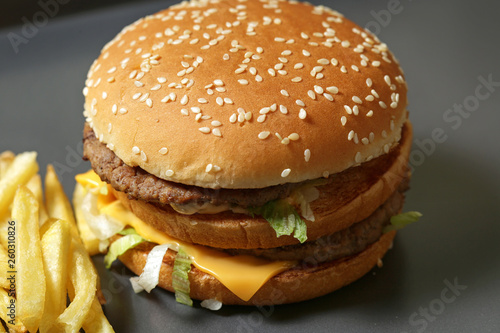 Close-up of a delicious fresh hamburger with lettuce, cheese and onions and fries on a dark background