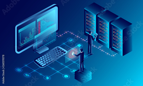 privacy protection and software for development with businessman stood in front of a computer with high security. isometric. Web pages and window, binary code, and site. illustration cartoon vector
