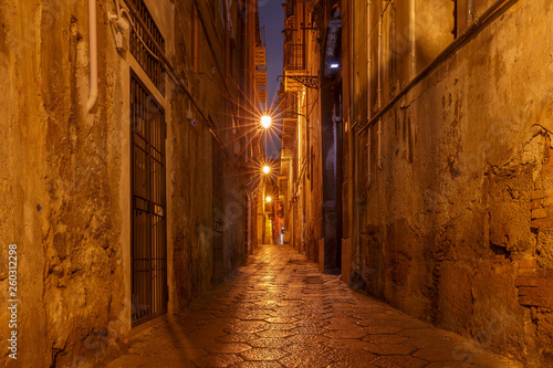 Palermo. Old medieval street in night lighting.
