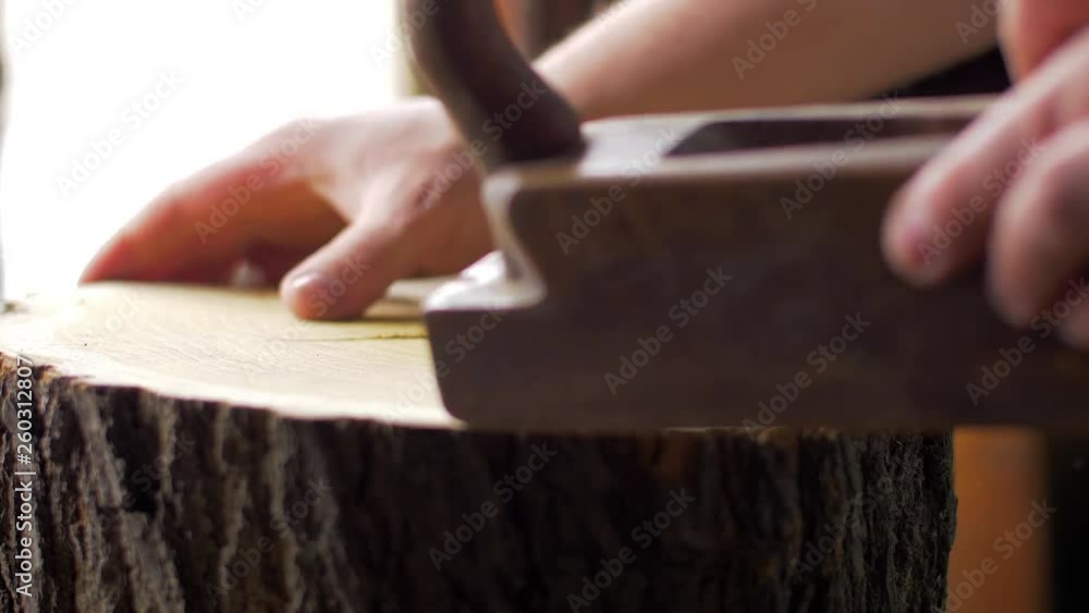 The carpenter works in the studio, the worker forms a tree with a grater The carpenter works in the studio, the worker forms a tree with a grater