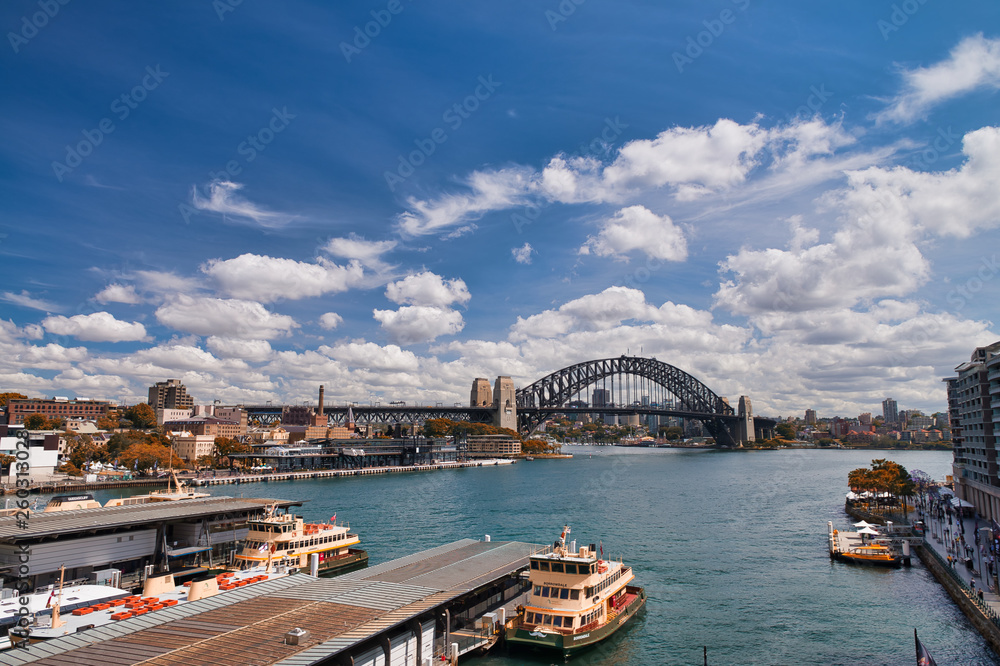 SYDNEY - OCTOBER 2015: Panoramic view of Sydney Harbor on a sunny day. The city attracts 20 million people annually