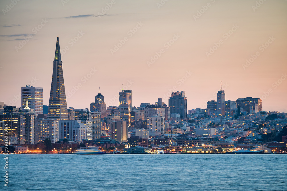 San Francisco, California. Panoramic sunset view of Downtown skyline