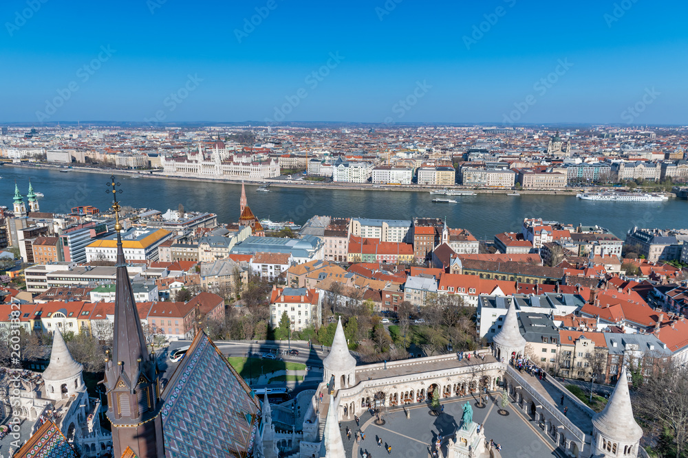 St Matthias Church in Buda and Budapest aerial skyline