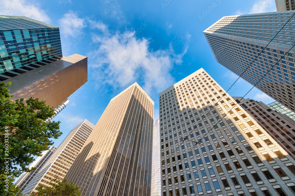 Downtown San Francico skyscrapers, skyward view at dusk