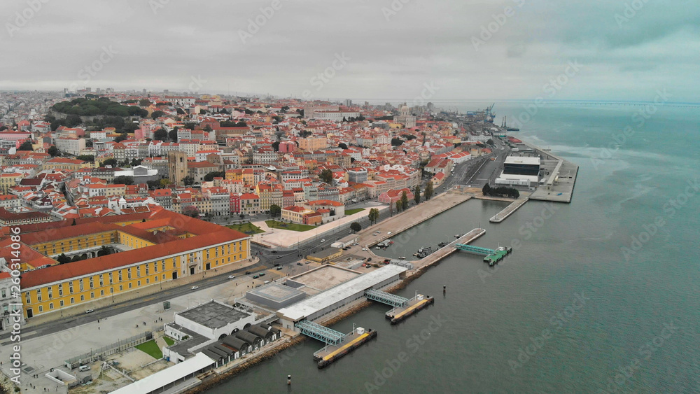 Panoramic aerial view of Lisbon skyline and Commerce Square at dusk, Portugal