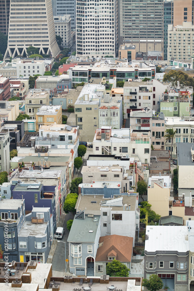 Aerial view of San Francisco steep street and skyline