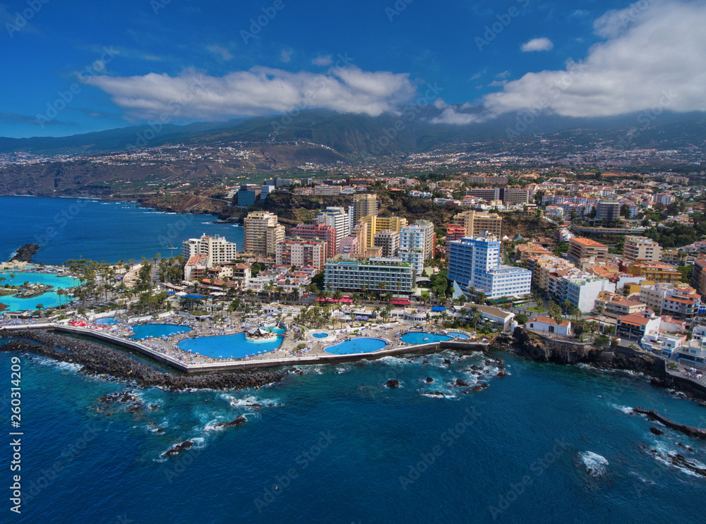 Aerial view of Puerto de la Cruz coastline in Tenerife from drone