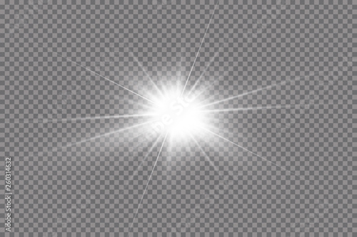 White glowing light explodes on a transparent background. with ray. Transparent shining sun, bright flash. Special lens flare light effect.