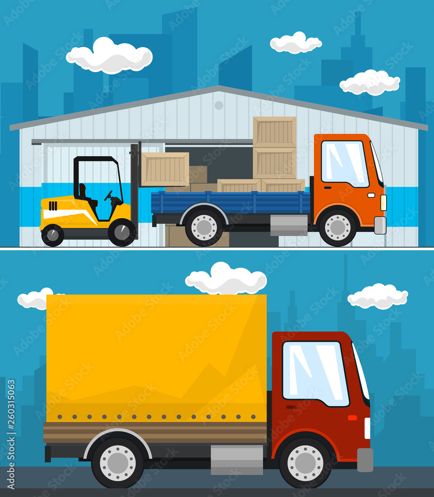Set of Cargo Services and Storage, Warehouse and Forklift Truck and Lorry with Boxes , Small Covered Truck , Shipping and Freight of Goods, Vector Illustration