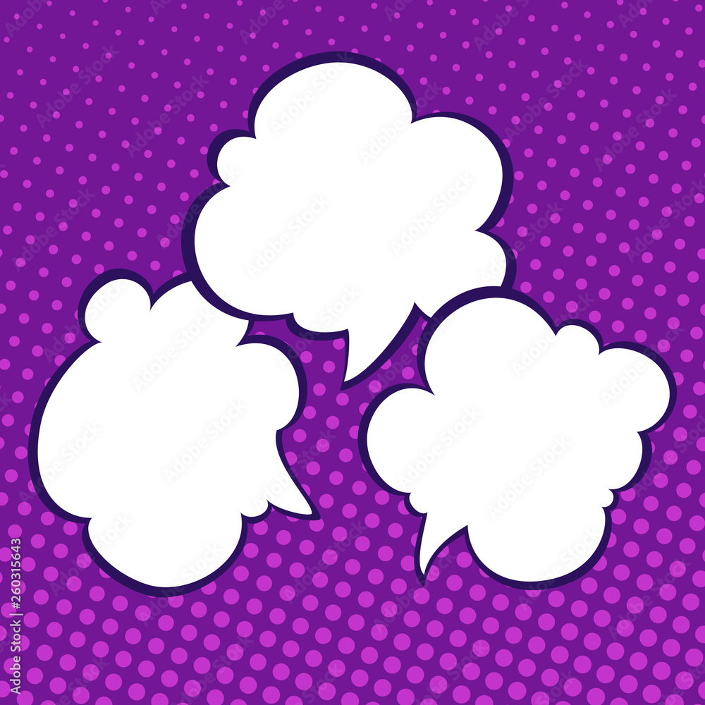 Speech Bubbles on Purple Neon Background with Dots ,Three Speech Bubbles on Pop Art Halftone Background, Conversation in Retro Style, Vector Illustration Speech Bubbles on Purple Neon Background with Dots ,Three Speech Bubbles on Pop Art Halftone Background, Conversation in Retro Style, Vector Illustration