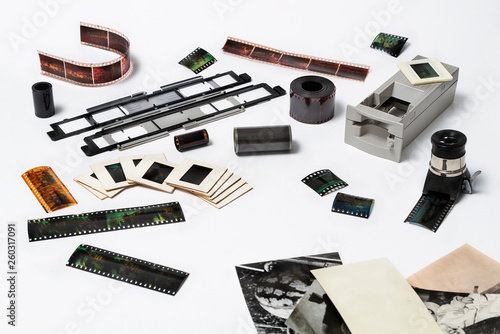Color slides and negatives after scanning on a white background.