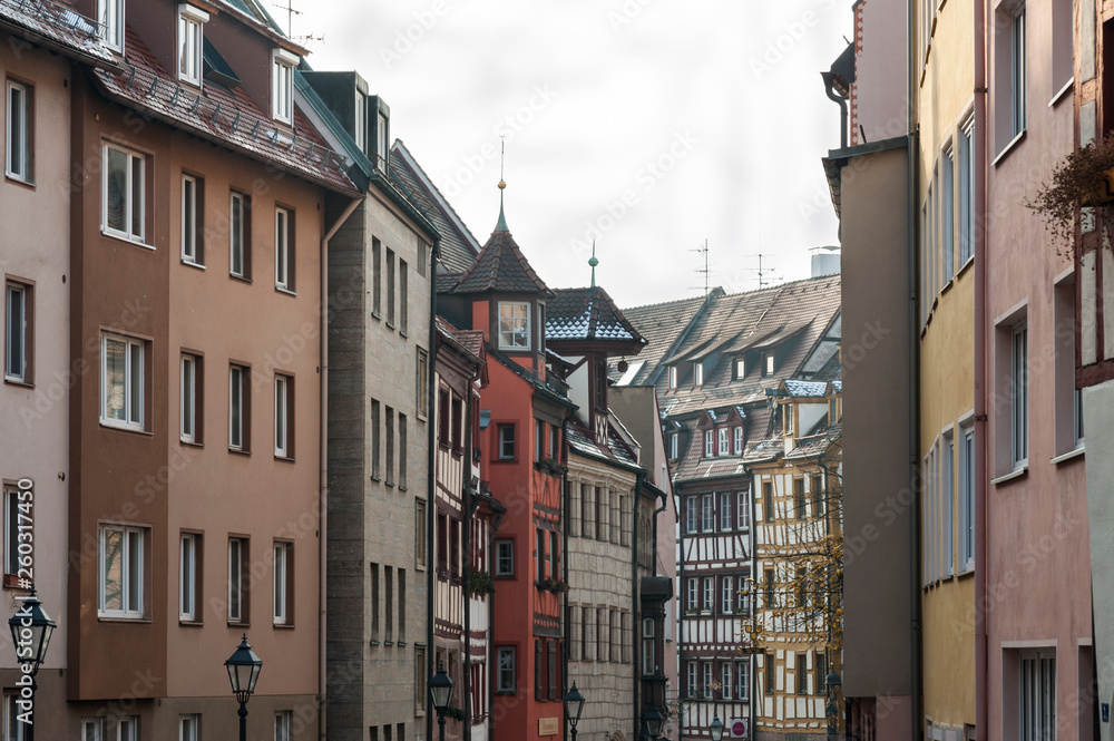 Half-timbered houses in one of the picturesque streets in the historical center of Nuremberg, Bavaria - Germany 