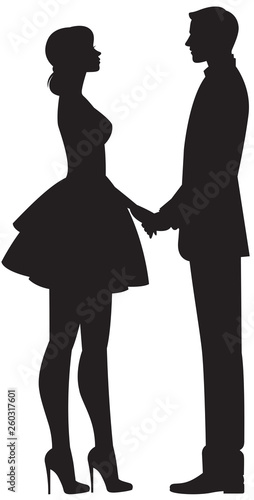 Couple in love man and woman hold each other for hands in full length on a white background
