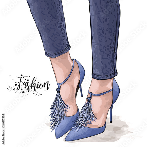 Hand drawn beautiful female legs. Stylish women blue shoes and jeans. Sketch Vector illustration.
