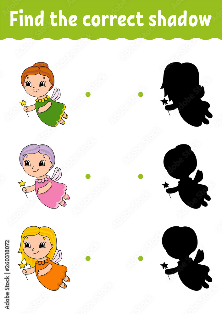 Fototapeta premium Find the correct shadow. Draw a line. Education developing worksheet. Game for kids. Activity page. Puzzle for children. Riddle for preschool. Isolated vector illustration. Cartoon style.