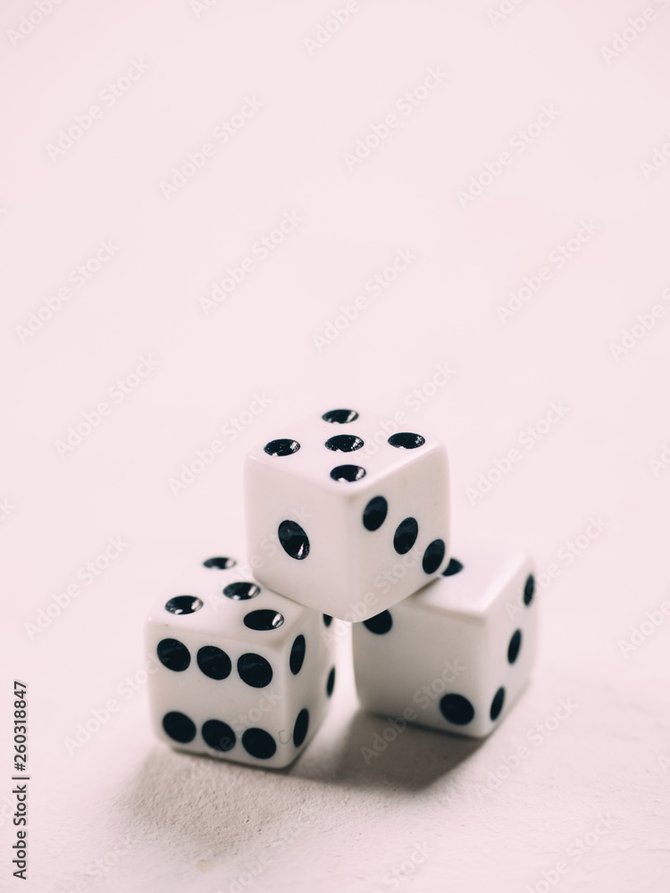 White classic dices on background. Board game White classic dices on background. Board game