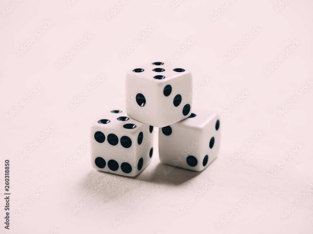 White classic dices on background. Board game White classic dices on background. Board game