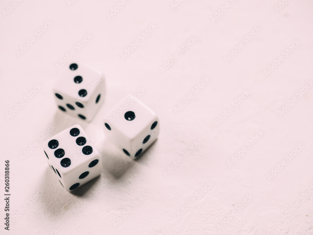 White classic dices on background. Board game White classic dices on background. Board game