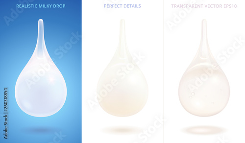 Set of milky drops. 3d realistic vector droplets. White and pearl tints. Icons of milk  cream  diary cocktail  beauty lotion  liquid soap. Perfect details. Gradient meshes with a various transparency