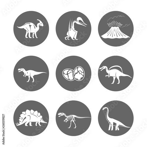 Dinosaur icons vector. Dinosaur egg and volcano, dinosaur skeleton and tyrannosaurus silhouettes icon. Illustration of silhouette round icons with prehistorical animals