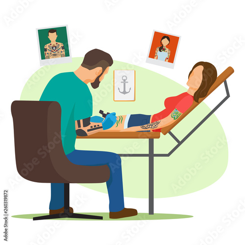 Tattoo studio vector illustration. Tattooist artist paint woman body with tattooing machine flat vector illustration. Studio tattoo, artist tattooist