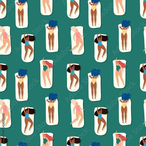 Women swimming and relaxing seamless pattern, vector summer time texture. Girl in bikini on sea cover illustration