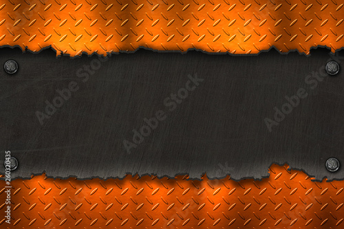 black metal banner on gold metal plate.