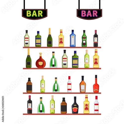 Neon signs Bar and shelfs with alcohol bottles vector illustration. Alcohol bottle on bar shelf, champagne and cognac