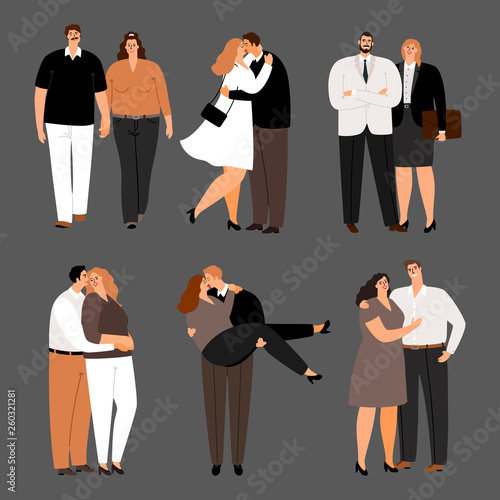 In love couples, plus size women and men vector set. Illustration of couple man and woman, people husband and wife