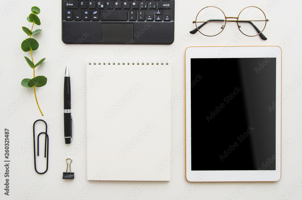 Flat Lay Work Place. White Office Desk Table With Laptop, Clips 