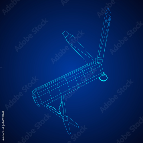 Multi-tool folding pocket knife, multipurpose penknife. Multifunctional tool model wireframe low poly mesh vector illustration
