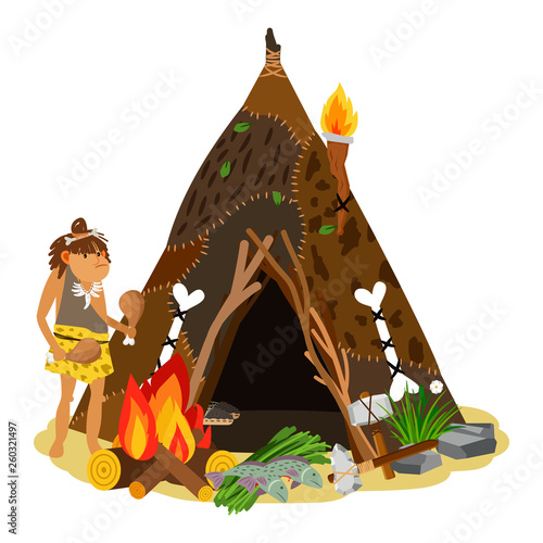 Young ancient girl cooking at open fire. Cave, stone age house, primitive girl and tools. Ancient prehistoric caveman, cave girl primitive. Vector illustration