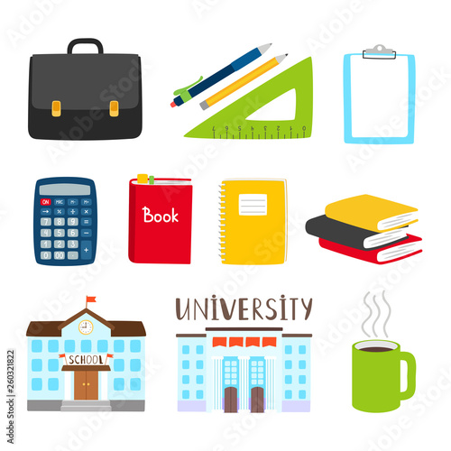 Teachers and students tools icons. Vector subjects for study cartoon collection. Illustration of building school and organizer book