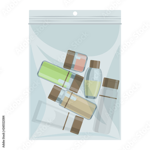 Liquid cabin size plastic bag with cosmetics bottles vector. Illustration of container pack, product bottle, perfume and cosmetic