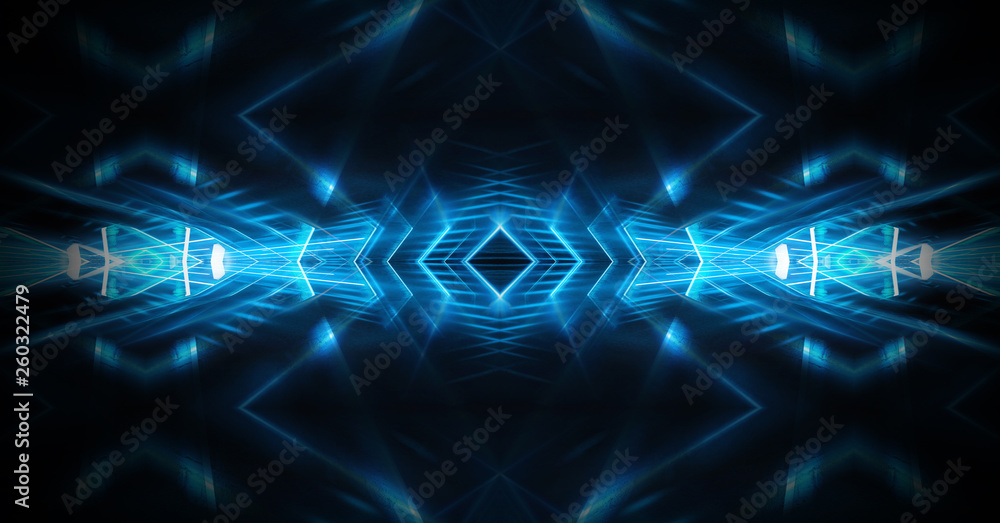 Tunnel in blue neon light, underground passage. Abstract blue background. Background of an empty black corridor with neon light. Abstract background with lines and glow Tunnel in blue neon light, underground passage. Abstract blue background. Background of an empty black corridor with neon light. Abstract background with lines and glow