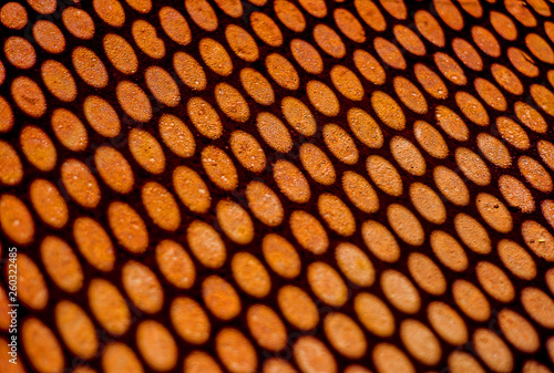 Closeup shadow from perforated net on rusty metal sheet. Texture of big holes with depth of field. Horizontal industrial mesh