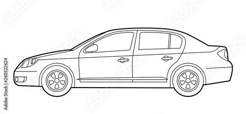 Car line drawing. Sedan transportation vehicle. Outline side view. Website icon. Template for car branding and advertising. Isolated vector illustration.