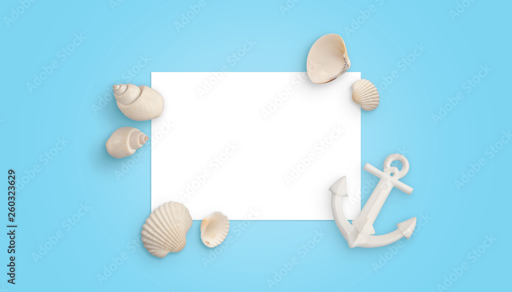 Obraz premium White blank paper surrounded with sea shells and white boat anchor. Blue background. Paper mockup.