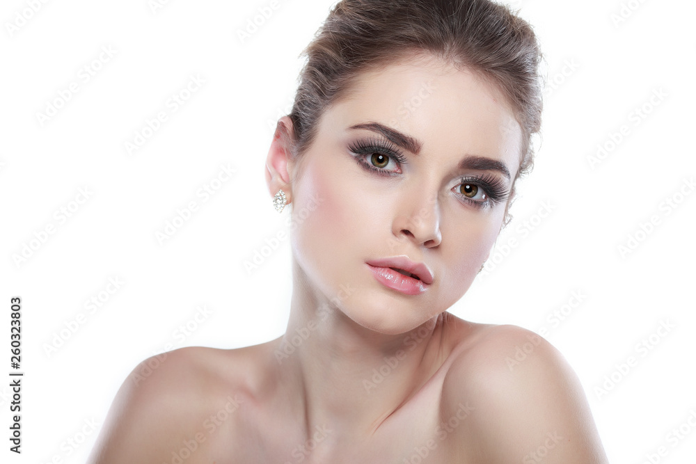 Closeup portrait of sexy whiteheaded young woman with beautiful blue eyes isolated on a white background, emotions, cosmetics