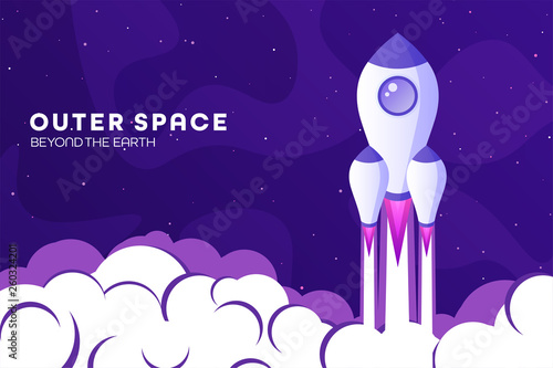 Space futuristic modern colorful background with rocket. Starship, spaceship in night sky. Solar system, galaxy and universe exploration. Vector illustration.