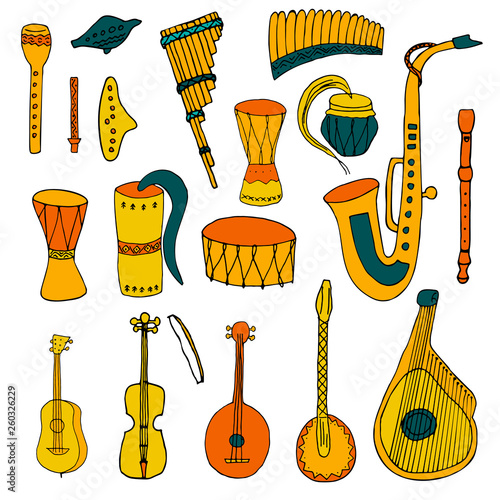 Set of Ethnic musical folk instruments: flute pan, recorder, violin, string instruments and others isolated on a white background. Hand drawn style. Vector.
